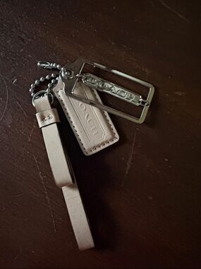 Coach tan Leather Strap Keychain with Silver Tags